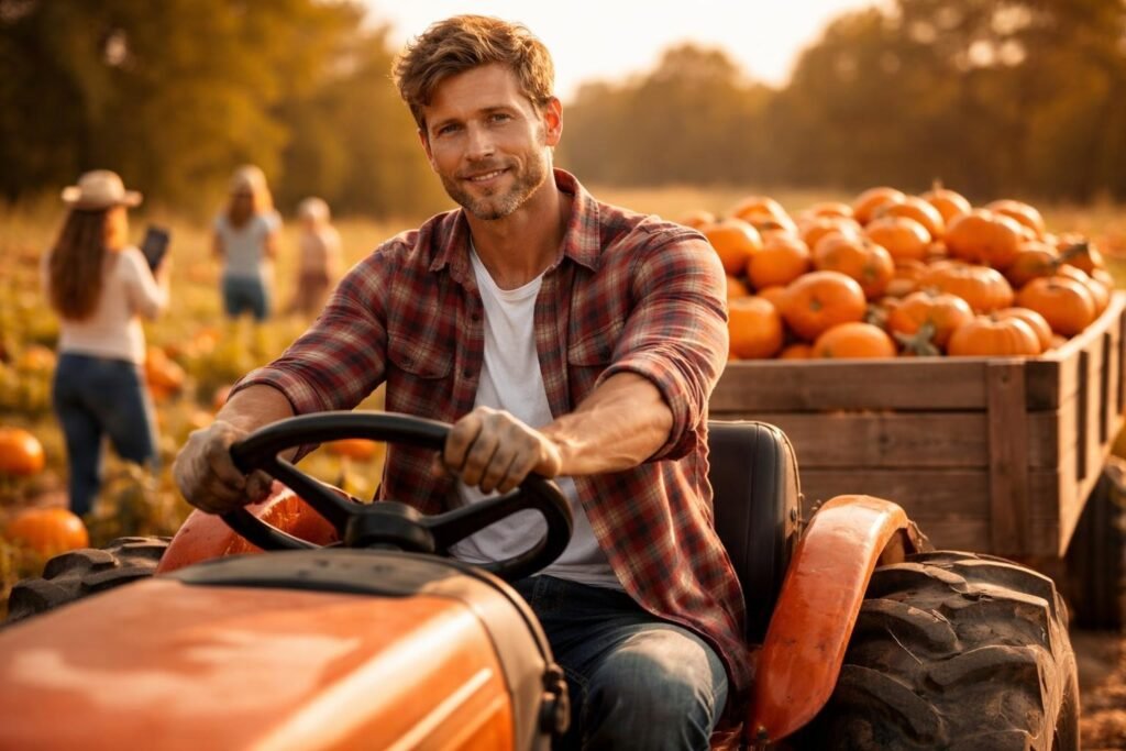 Farmer on a tractor pulling a wagon full of pumpkins through a crowded field while visitors take photos