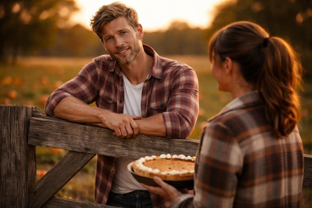 Farmer sitting on a stack of hay bales at sunset beside his elderly mother, both laughing at something on a phone