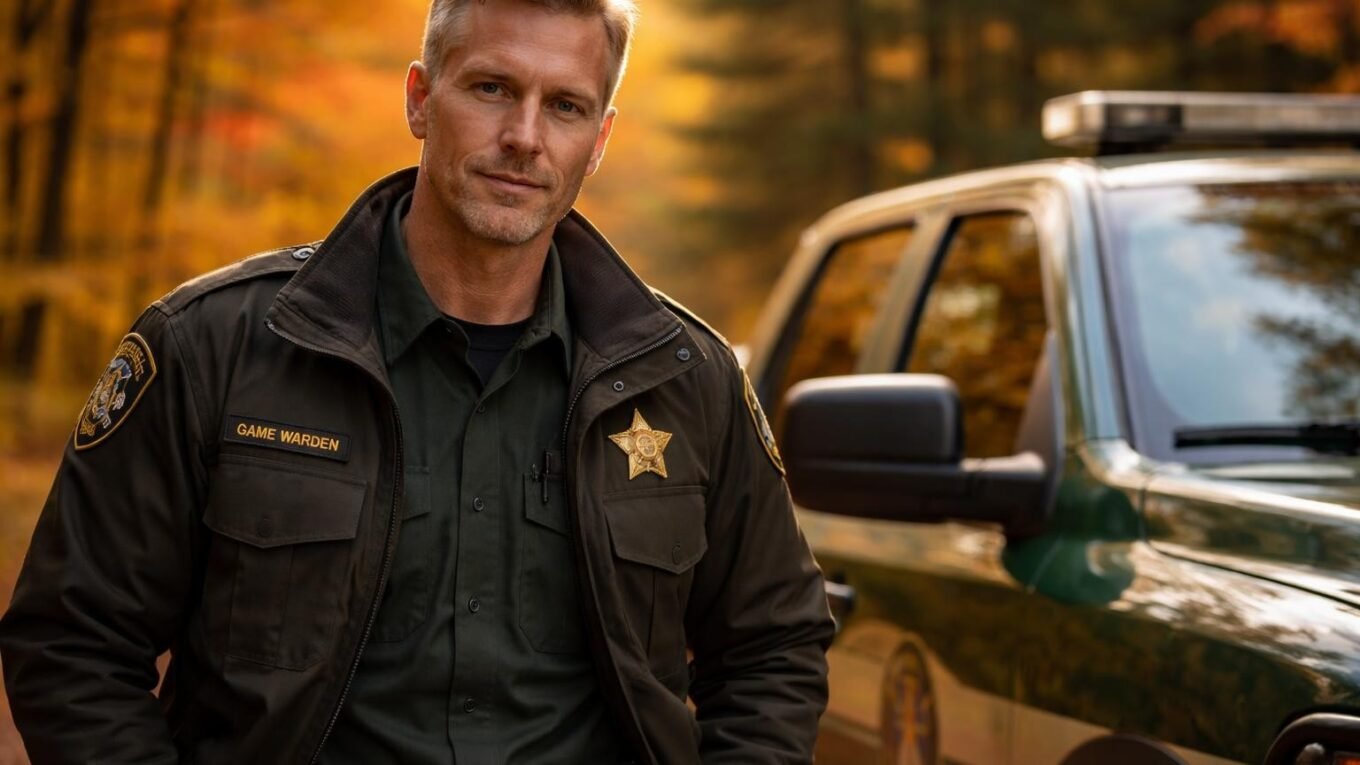 Handsome conservation officer in his fifty years with short blond hair going silver, light stubble and pale blue eyes standing in his green uniform beside a patrol truck in the autumn forest of Michigan's Upper Peninsula at golden hour