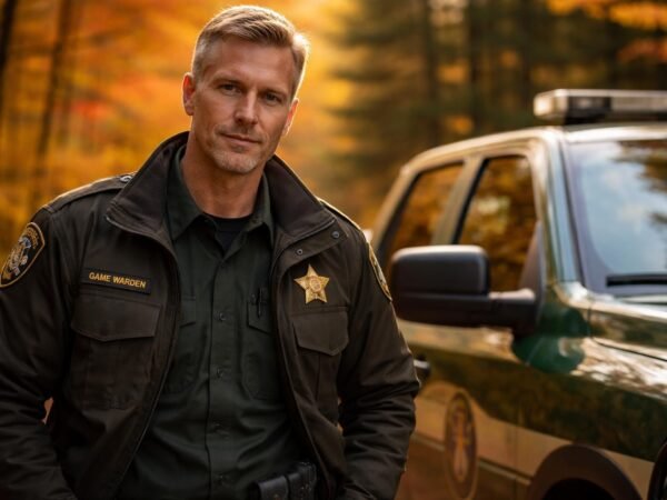 Handsome conservation officer in his fifty years with short blond hair going silver, light stubble and pale blue eyes standing in his green uniform beside a patrol truck in the autumn forest of Michigan's Upper Peninsula at golden hour