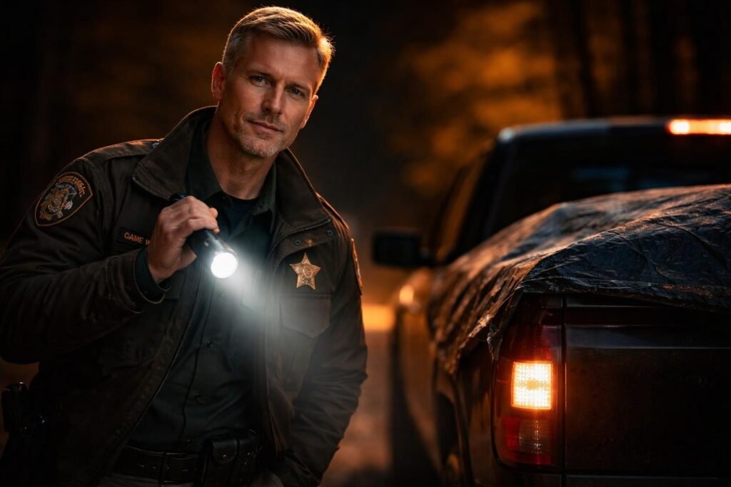 Game warden with a flashlight examining the bed of a black pickup truck on a dark logging road at night
