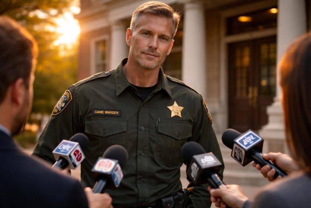 Game warden standing outside a county courthouse in a pressed uniform facing a crowd of reporters