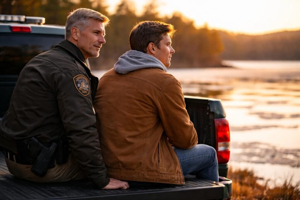 Game warden sitting on the tailgate of his truck at a lake at sunset beside a young man in a work jacket, both looking at the water