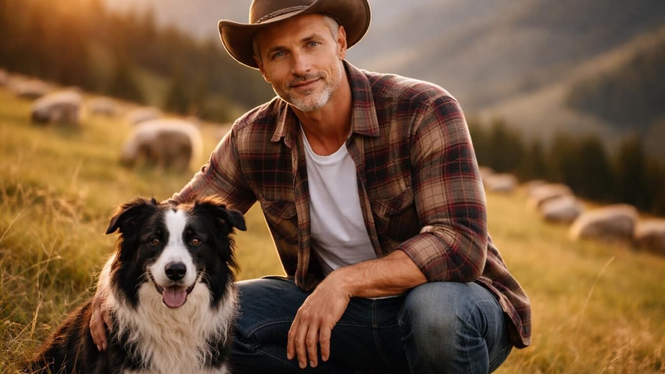 Handsome widowed sheep rancher in his fifties with gray stubble and green eyes kneeling beside a black and white border collie on a Colorado hillside at golden hour