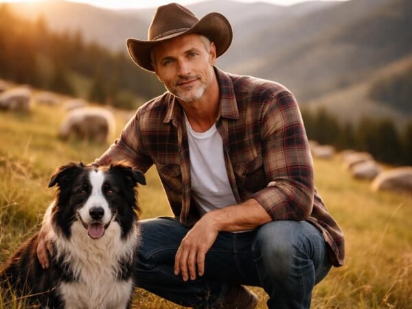 Handsome widowed sheep rancher in his fifties with gray stubble and green eyes kneeling beside a black and white border collie on a Colorado hillside at golden hour