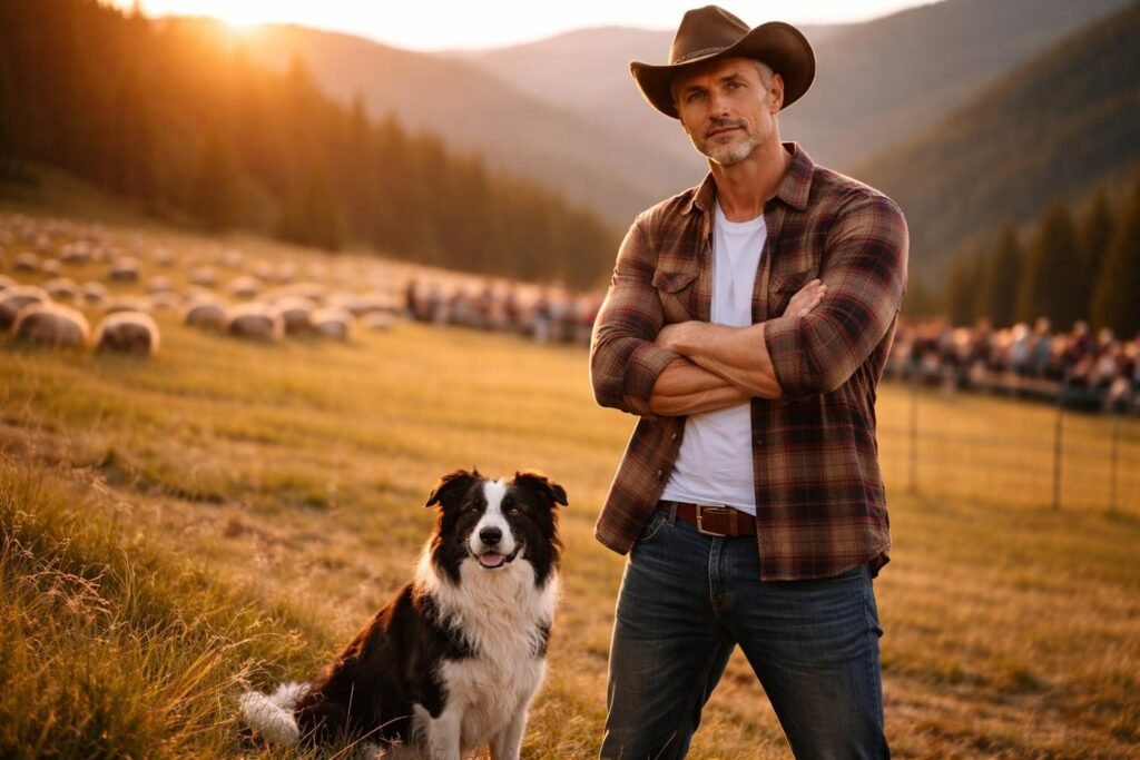 Sheep rancher with his border collie standing at the edge of a trial field watching sheep in the mountains of western Colorado