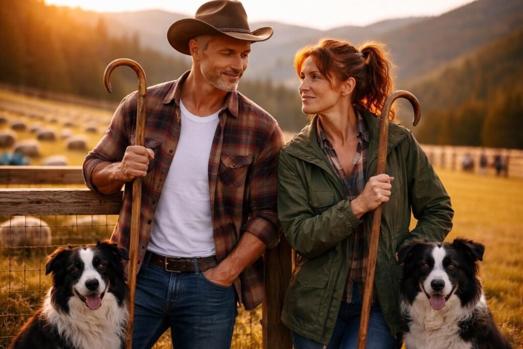 Rancher and a red-haired Irish woman standing on opposite sides of a wooden pen at a sheepdog trial, each with a border collie