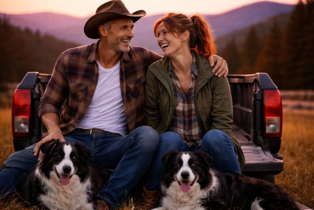 Rancher and the Irish woman sitting on a tailgate at dusk with two border collies at their feet, mountains behind them