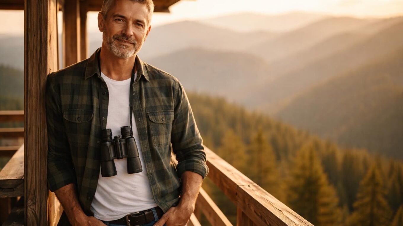 Handsome widower in his fifties with short graying hair, a trimmed gray beard and warm brown eyes standing on the catwalk of a wooden fire lookout tower above endless mountains at golden hour