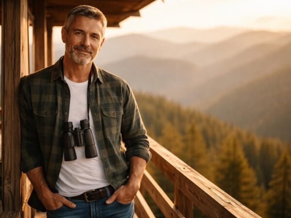 Handsome widower in his fifties with short graying hair, a trimmed gray beard and warm brown eyes standing on the catwalk of a wooden fire lookout tower above endless mountains at golden hour