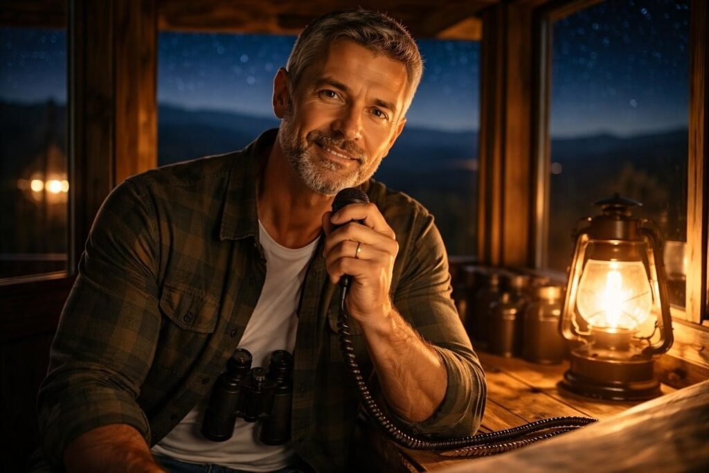 Man sitting inside a fire lookout cabin at night talking into a radio microphone, lantern light on his face