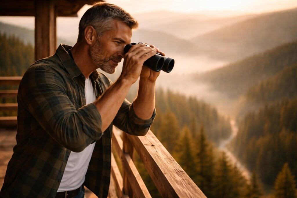 Man holding binoculars on the lookout catwalk at sunrise, mountains and morning mist below