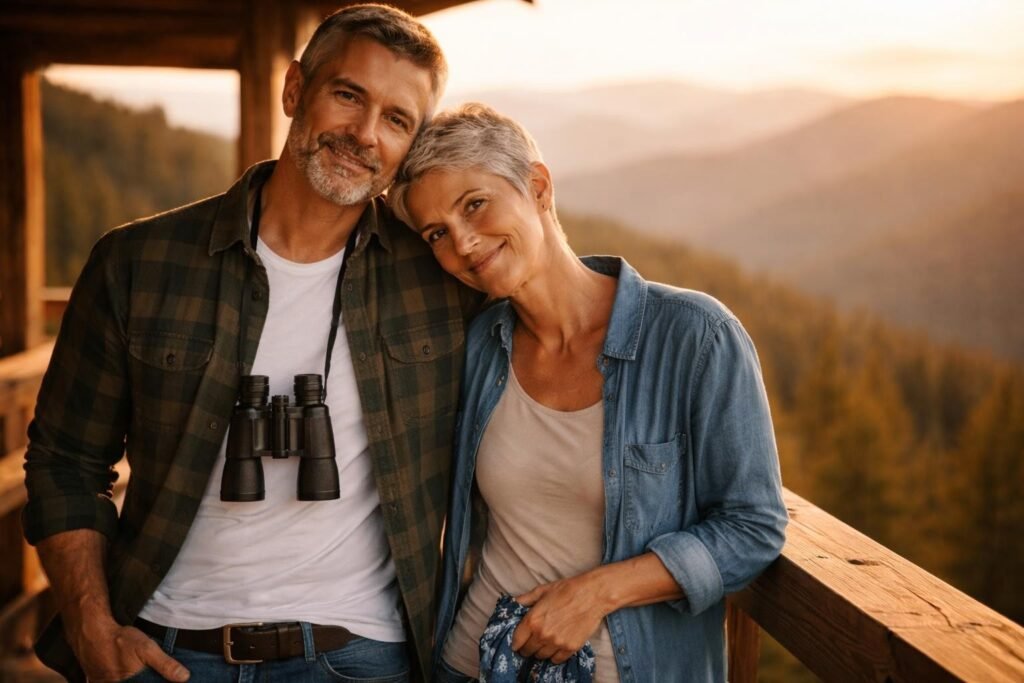 Man and a woman with short silver hair standing together on the lookout catwalk at sunset, mountains glowing orange