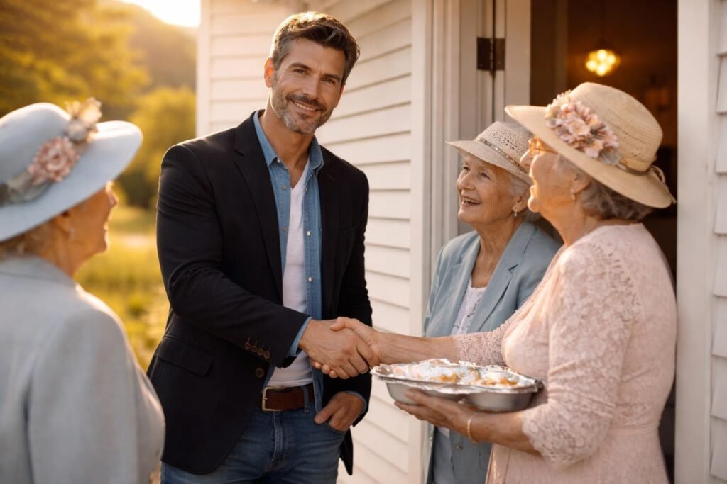 Horse trader in a borrowed black blazer standing awkwardly at the door of a small white country church greeting townspeople