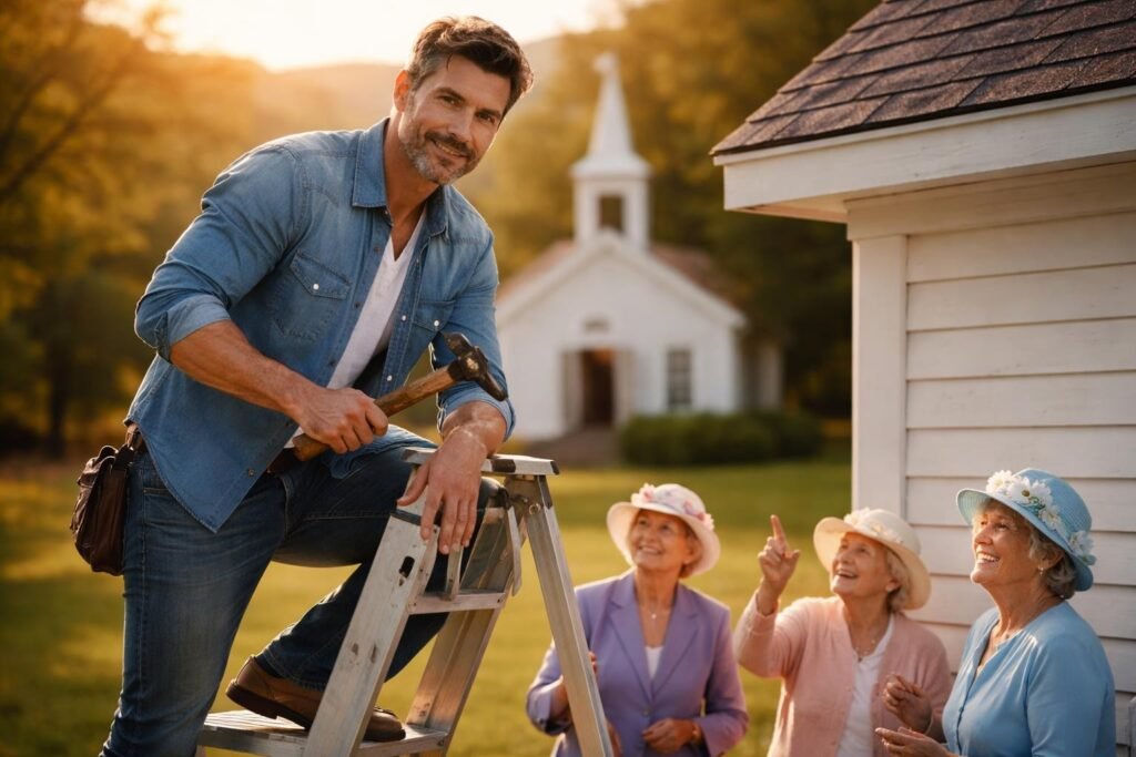 Man standing on a ladder fixing the roof of a white wooden church while elderly church ladies watch from below