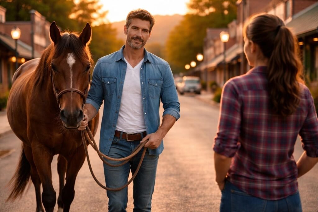 Horse trader in a denim shirt leading a chestnut mare past the small white church at sunset while townspeople wave
