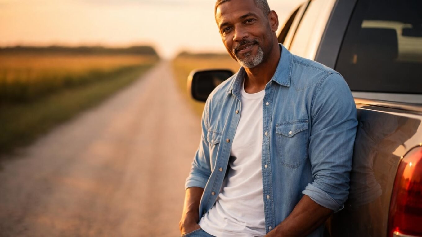 Handsome farmer in his early fifties with dark hair gone gray at the temples, a trimmed gray beard and brown eyes leaning against a pickup truck outside a prison gate in Missouri at golden hour