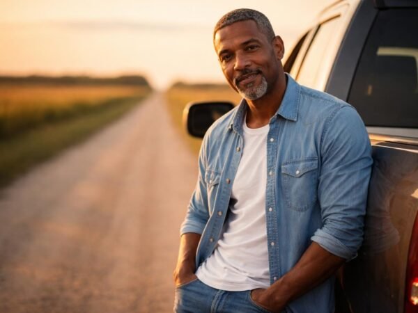 Handsome farmer in his early fifties with dark hair gone gray at the temples, a trimmed gray beard and brown eyes leaning against a pickup truck outside a prison gate in Missouri at golden hour