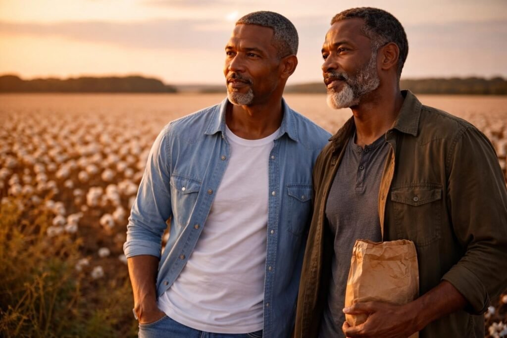 Two brothers standing in a flat cotton field in the Missouri Bootheel, the younger one holding a paper bag, looking around