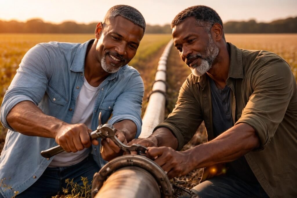 Two brothers working together fixing an old irrigation pipe in a field, sweat on their faces, one of them almost smiling