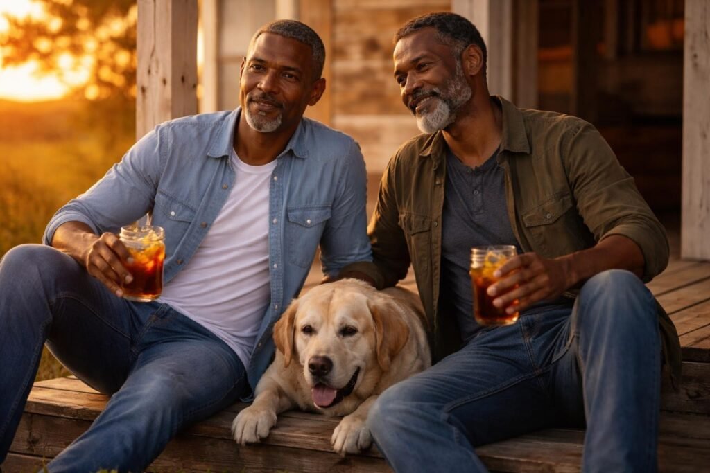 Two brothers sitting on the porch of an old farmhouse at sunset with glasses of iced tea and an old dog between them