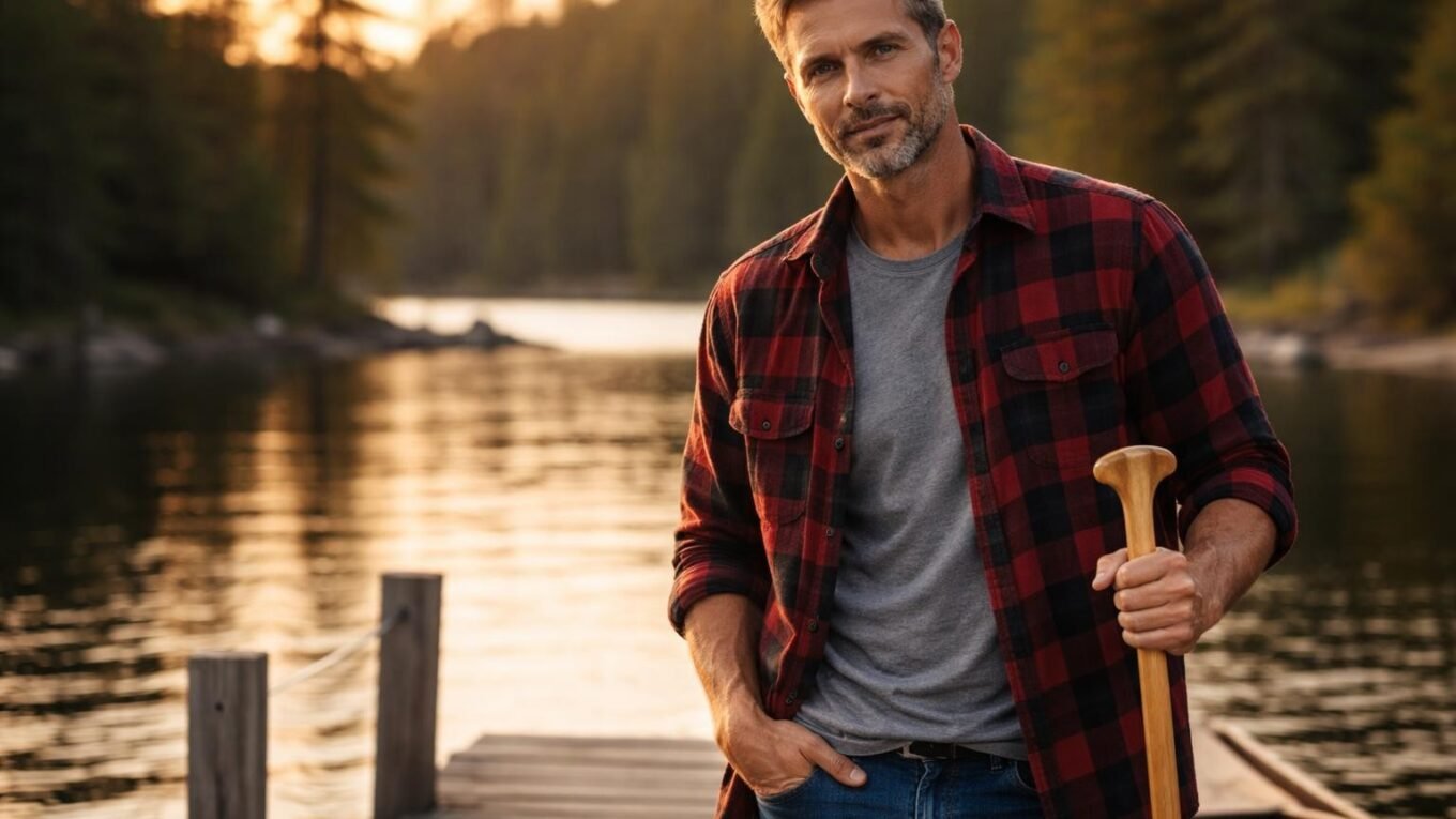Handsome man in his late forties with dark blond hair graying at the temples, a short beard and blue eyes standing on a wooden dock on a wilderness lake in northern Minnesota at golden hour