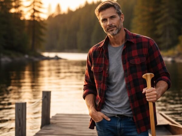 Handsome man in his late forties with dark blond hair graying at the temples, a short beard and blue eyes standing on a wooden dock on a wilderness lake in northern Minnesota at golden hour