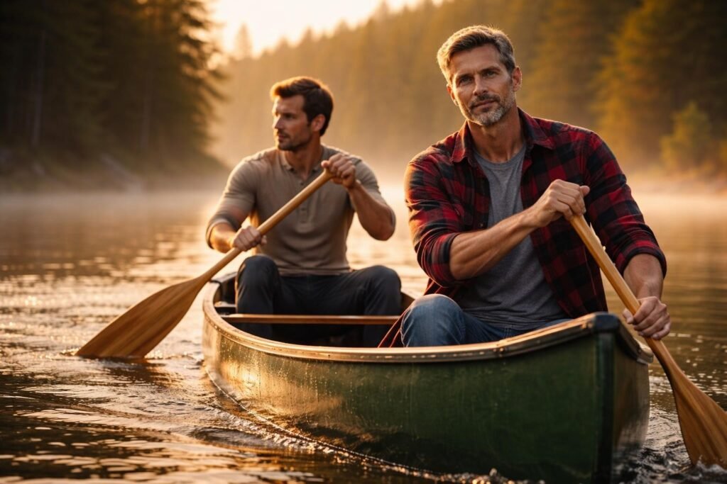 Two brothers paddling a green canoe across a misty lake in the Boundary Waters, not looking at each other