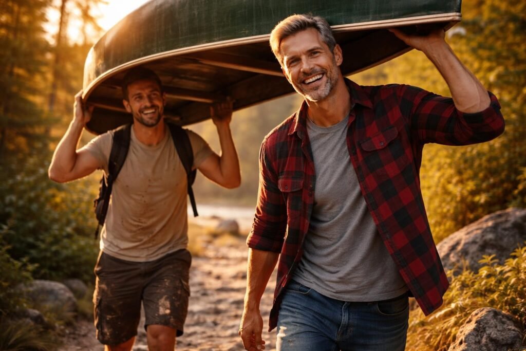 Two brothers carrying a canoe over their heads on a rocky portage trail through the forest, one of them laughing