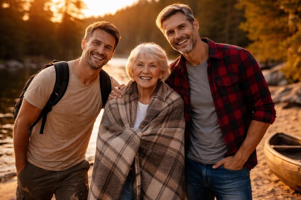 Two brothers standing on either side of their white-haired mother at a lakeside finish line at sunset, all three smiling