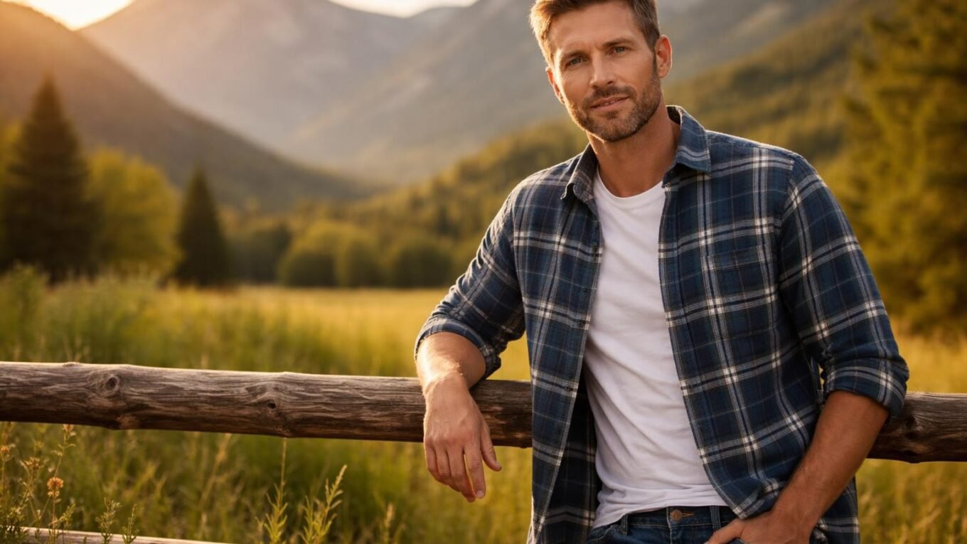 Handsome man in his late forties with light brown hair, short beard and blue eyes standing by a wooden fence in a green Utah valley with mountains behind him at golden hour