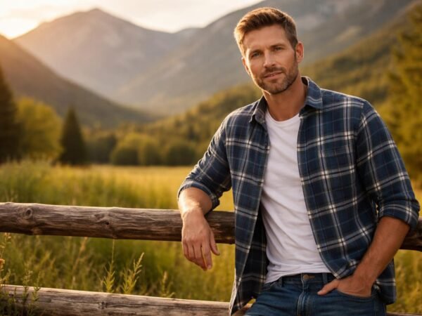 Handsome man in his late forties with light brown hair, short beard and blue eyes standing by a wooden fence in a green Utah valley with mountains behind him at golden hour
