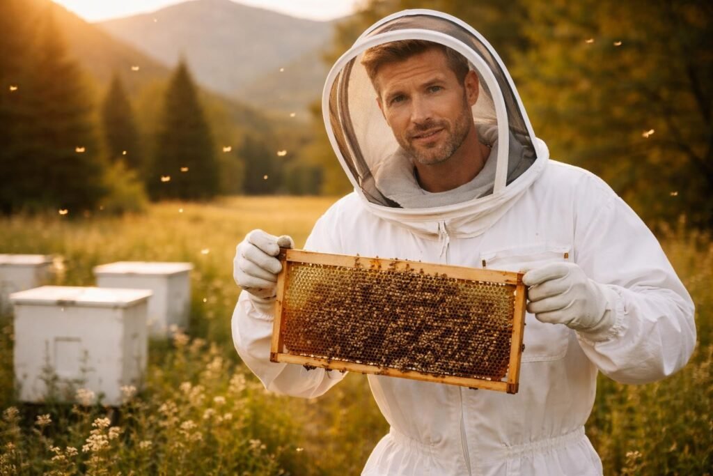 Man wearing a full white beekeeping suit and veil awkwardly holding a frame of honeycomb in a field of white beehives, looking nervous
