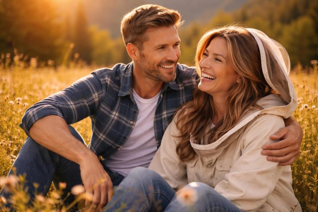 Man without a veil sitting in a field of wildflowers beside a woman beekeeper with her veil pushed back, both laughing