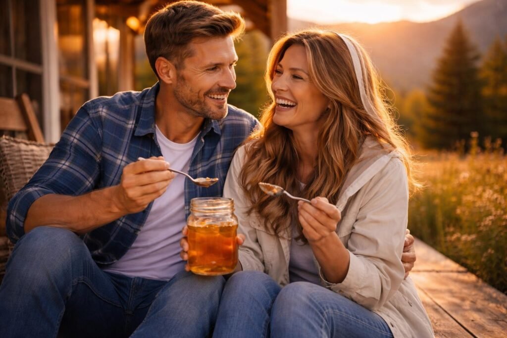 Man and the beekeeper sitting on a farmhouse porch at sunset sharing a jar of golden honey and two spoons